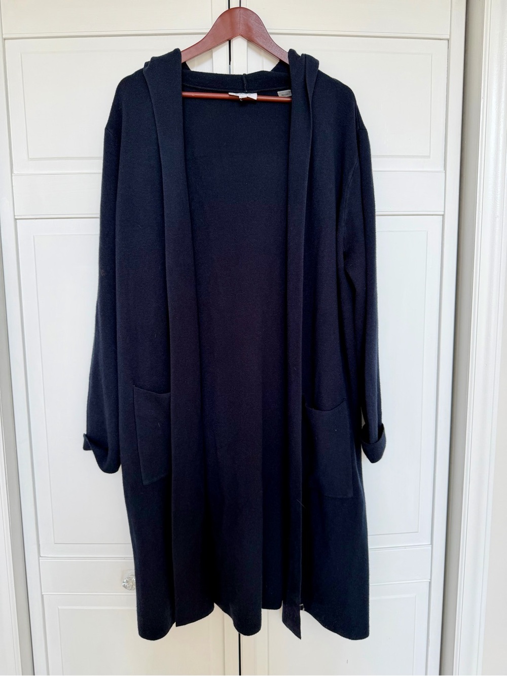 Women's Navy Blue Hooded Open-Front Cardigan Sweater